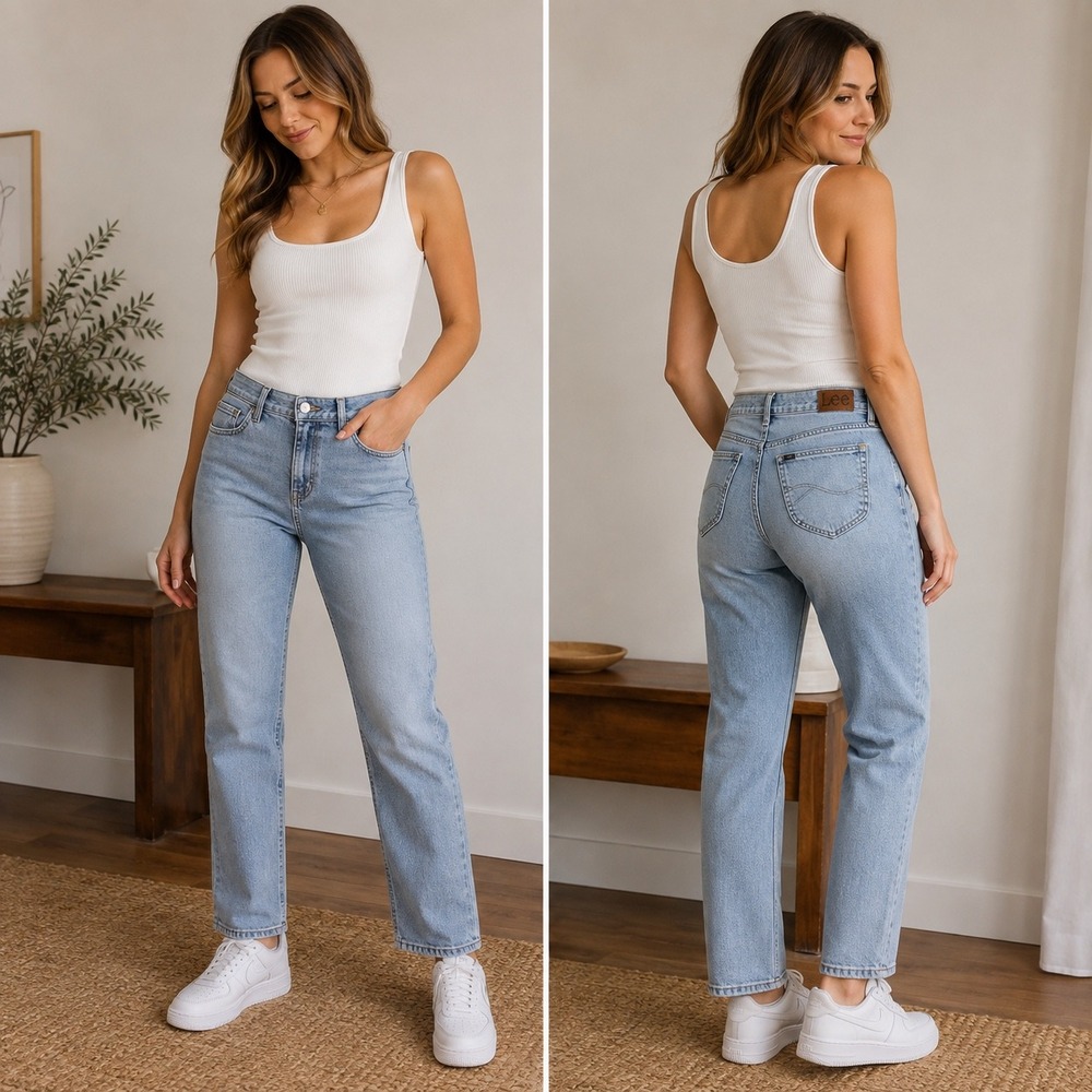 Lee Regular Fit Straight Leg Mid Rise Jeans Light Wash‎ Blue Stretch 16 Long